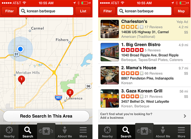 Examples of Yelp map and list screen
