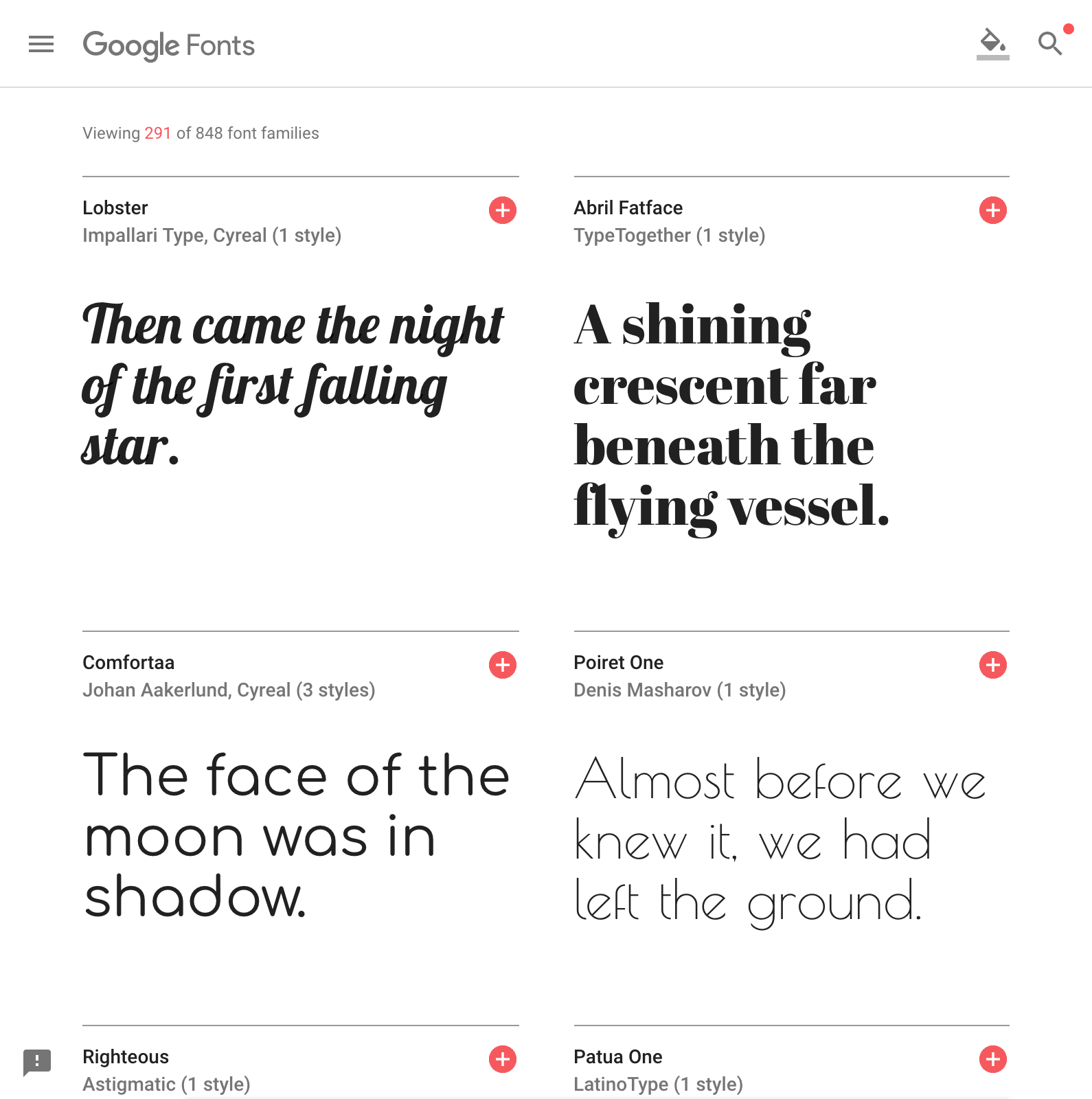 Screenshot of Display fonts from Google