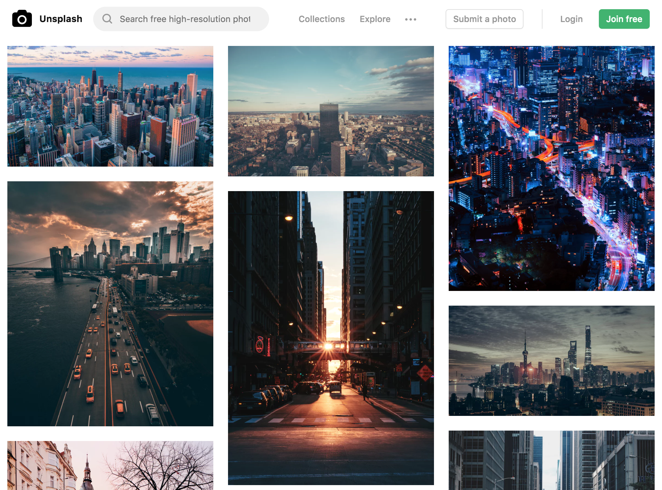Screenshot of pictures from Unsplash.com