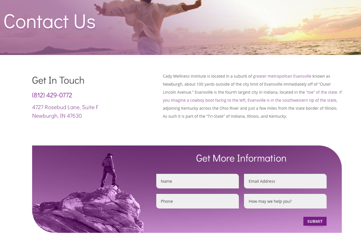 Cady Wellness screenshot of contact page