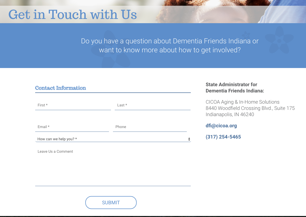 Dementia Friends Indiana screenshot of contact page